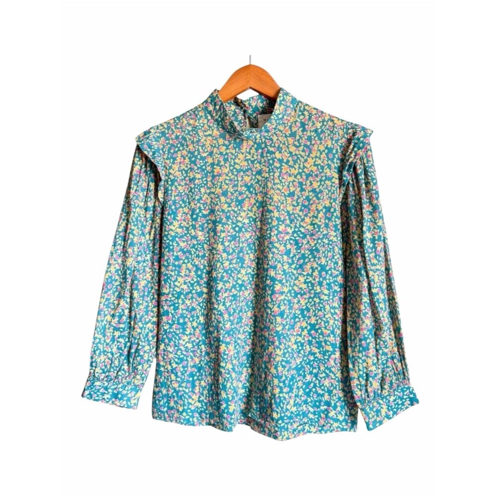 MIRTH Handmade Edition Women’s Small Teal Floral Cotton Ruffle Blouse Prairie
